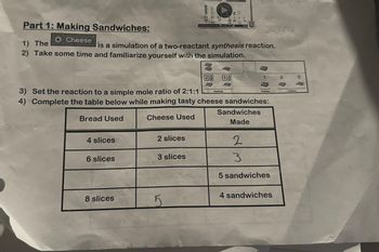 Part 1: Making Sandwiches:
O Cheese
4 slices
1) The
is a simulation of a two-reactant synthesis reaction.
2) Take some time and familiarize yourself with the simulation.
6 slices
8 slices
3) Set the reaction to a simple mole ratio of 2:1:1
4) Complete the table below while making tasty cheese sandwiches:
Bread Used
Cheese Used
2 slices
3 slices
28 02
5
AD
Reactants
PRE
5
2
3
Sandwiches
Made
Products
5 sandwiches
4 sandwiches
Leftovers