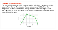 The current i through a 6.5 H inductor varies with time t as shown by the
graph of the figure. The inductor has a resistance of 12 2. Find the
magnitude of the induced emf ɛ during the time intervals (a) t = 0 to 2
ms; (b) 2 ms to 5 ms, and (c) 5 ms to 6 ms. (Ignore the behavior at the
ends of the intervals.)
2
4
6
t (ms)
6,
(V)!
