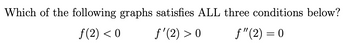 Which of the following graphs satisfies ALL three conditions below?
ƒ(2) < 0
f'(2) >0
f"(2) = 0