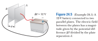 A
В
AV = 12 V
Figure 24.5 (Example 24.1) A
12-V battery connected to two
parallel plates. The electric field
between the plates has a magni-
tude given by the potential dif-
ference AV divided by the plate
separation d.
+
