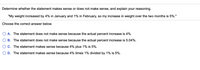 Determine whether the statement makes sense or does not make sense, and explain your reasoning.
"My weight increased by 4% in January and 1% in February, so my increase in weight over the two months is 5%."
Choose the correct answer below.
A. The statement does not make sense because the actual percent increase is 4%.
B. The statement does not make sense because the actual percent increase is 5.04%.
C. The statement makes sense because 4% plus 1% is 5%.
D. The statement makes sense because 4% times 1% divided by 1% is 5%.
