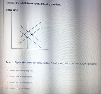 Consider the exhibit below for the following questions.
Figure 33-4
Refer to Figure 33-4. If the economy starts at A and moves to D in the short run, the economy
moves to A in the long run.
moves to B in the long run.
moves to C in the long run.
stays at D in the long run.