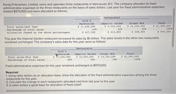 Konig Enterprises, Limited, owns and operates three restaurants in Vancouver, B.C. The company allocates its fixed
administrative expenses to the three restaurants on the basis of sales dollars. Last year the fixed administrative expenses
totaled $970,000 and were allocated as follows:
Total sales-Last Year
Percentage of total sales
Allocation (based on the above percentages)
Rick's
Harborside
$ 17,630,000
Rick's
Forborside
$ 17,630,000
Restaurants
Restaurants
Imperial Garden
$ 10,020,000
Imperial Garden
$ 9,020,000
438
$ 417,100
228
$ 213,400
This year the Imperial Garden restaurant increased its sales by $1 million. The sales levels in the other two restaurants
remained unchanged. The company's sales data for this year were as follows:
Ginger Wok
$ 14,350,000
Total sales-This Year
Percentage of total sales
42%
24%
Fixed administrative expenses for this year remained unchanged at $970,000.
Ginger Wok
$ 14,350,000
34%
358
$ 339,500
Total
$ 42,000,000
100%
Total
$ 41,000,000
Required:
1. Using sales dollars as an allocation base, show the allocation of the fixed administrative expenses among the three
restaurants for this year.
2. Calculate the change in each restaurant's allocated cost from last year to this year.
3. Is sales dollars a good base for allocation of fixed costs?
100%
$ 970,000