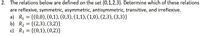 2. The relations below are defined on the set {0,1,2,3}. Determine which of these relations
are reflexive, symmetric, asymmetric, antisymmetric, transitive, and irreflexive.
a) R1 = {(0,0), (0,1), (0,3), (1,1), (1,0), (2,3), (3,3)}
b) R2 = {(2,3), (3,2)}
c) R3 = {(0,1), (0,2)}
