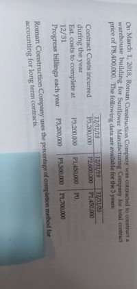 On March T, 2018, Roman Construction Company was contracted to construct a
warehouse building for Sunflower Manufacturing Company for total contract
price of P8,400,000. The following data are available for the 3 years:
12/31/19
P2,600,000
12/31/18
P3,200,000
ndenco
P3,200,000
12/31/20
P1,450,000
Contract Costs incurred
during the year
Est. costs to complete at
12/31
Progress billings each year
P1,450,000
PO
P3,200,000
P3,500,000 P1,700,000
Roman Construction Company uses the percentage of completion method for
accounting for long term contracts.
