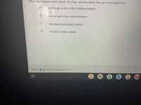 What can happen when Earth, the Sun, and the Moon line up in a straight line?
a change in the order of Moon phases
a reversal in the orbital direction
C.
decreased planetary rotation
a lunar or solar eclipse
se,
©2021 Illuminate Education TM, Inc.
