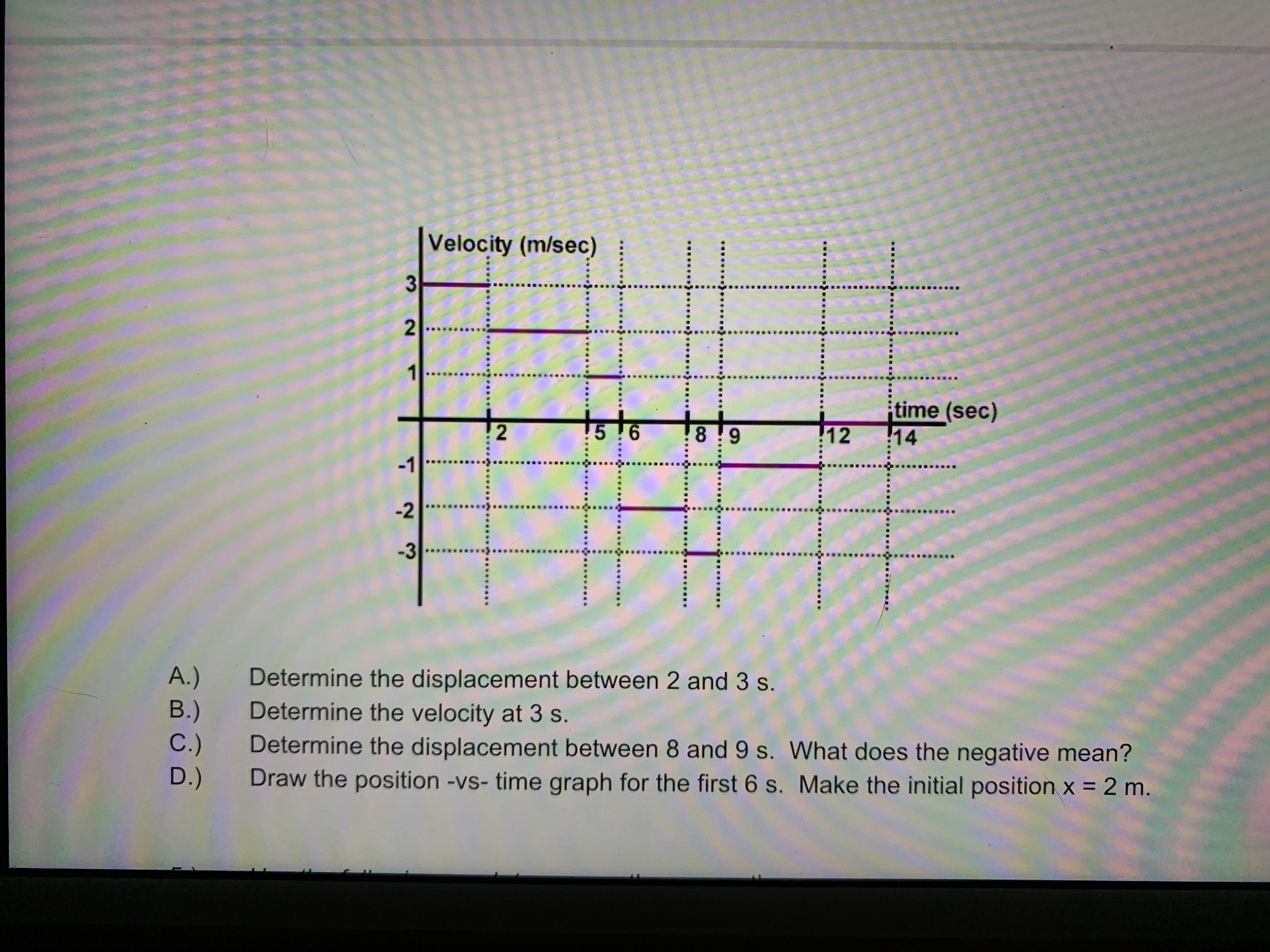 Determine the displacement between 2 and 3 s.
Determine the velocity at 3 s.
A.)
В.)
C.)
D.)
Determine the displacement between 8 and 9 s. What does the negative mean?
Draw the position -vs- time graph for the first 6 s. Make the initial position x = 2 m
%3D
