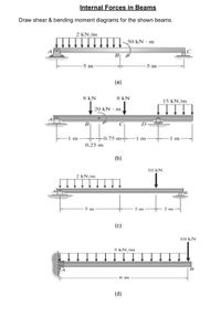 Internal Forces in Beams
Draw shear & bending moment diagrams for the shown beams.
2 kN/m
50 kN · m
B
5 m
5 m
(a)
8 kN
8 kN
15 kN/m
20 kN · m
B
D
1 m
-0.75 m--
1 m
1 m
0.25 m
(b)
10 kN
2 kN/m
5 m
3 m
2 m
(c)
10 kN
3 kN/m
A
В
6 m
(d)
