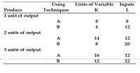 Units of Variable Inputs
Using
Techniques
Produce
K
1 unit of output
A
8
8
B
4
12
2 units of output
A
14
12
B
8
20
3 units of output
A
16
12
12
22
