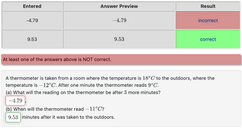 Entered
-4.79
9.53
Answer Preview
At least one of the answers above is NOT correct.
-4.79
9.53
Result
incorrect
correct
A thermometer is taken from a room where the temperature is 18°C to the outdoors, where the
temperature is -12°C. After one minute the thermometer reads 9°C.
(a) What will the reading on the thermometer be after 3 more minutes?
-4.79
(b) When will the thermometer read -11°C?
9.53 minutes after it was taken to the outdoors.