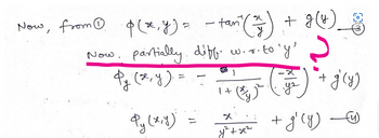 tań
Now, from Ⓒ $(x, y) = - tan² (²77) + 9 (4)_8
to'y
Now, partially diff.
P₁₂ (x, y) =
Qy (x,y)
Wir
1
1+
g'(y)
g'(y) (y)
(y) ² (y₂
y² + x²
+