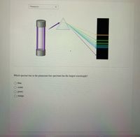 Potassium
Which spectral line in the potassium line spectrum has the longest wavelength?
blue
violet
green
orange
OO O O
