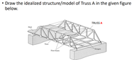 Draw the idealized structure/model of Truss A in the given figure
below.
TRUSS A
Deck
Truss
Stringers
Floor beams
