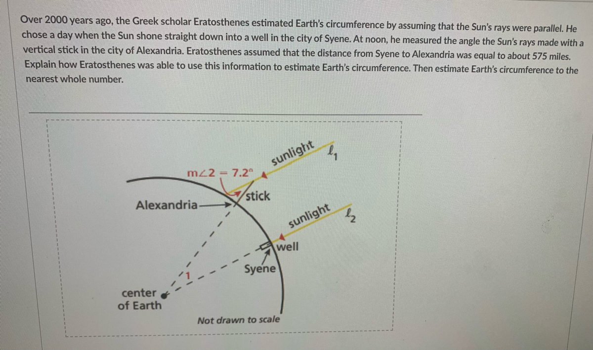TIL that Eratosthenes, a Greek mathematician and astronomer (276 BC),  measured of Earth's circumference by using the shadow angles from the sun  in two locations. He calculated it was 39,375 km, which