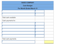 GADO COMPANY
Cash Budget
For Month Ended March 31
Total cash available
|Cash payments for:
Total cash payments
