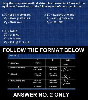 Using the component method, determine the resultant force and the
equilibrant force of each of the following sets of concurrent forces.
1. F₁ = 380 N @ 50⁰ N of E
F2 = 650 N @ 22⁰ E of S
F3 = 720 N West
3. FA = 20 lb S
А
FB = 24 lb NE
Fc = 16 lb West
FD = 25 lb @ 32º E of S
A
FOLLOW THE FORMAT BELOW
Example 2:
F₁ = 200 d West
F₂ = 300 d @ 35⁰ W of N
F3 = 250 d SE
F₁ = 450 d @ 80⁰ S of W
Σ
Fx
-200 (West)
300(sin 35⁰)
=-172 (West)
250(cos 45°)
= +177 (East)
450(cos 80°)
= -78.1 (West)
2. F₁ = 332 d @ 35⁰ W of N
F2 = 420 d @ 75⁰ E of N
F3 = 108 d SW
-273 (West)
Fy
0
300(cos 35°)
=+246 (North)
45⁰
= -177 (South)
450(sin 80°)
=-443 (South)
-374 (South)
Sketch
F₁ = 200 d
F₂=300 d
FAY!
F3-250 d
45⁰
F
t
80⁰
35⁰1 F2y
F3v
F4=150 d
ANSWER NO. 2 ONLY