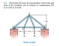 **Problem 6-9:**

Determine the force in each member of the truss and state if the members are in tension or compression. Set \( P_1 = 3 \, \text{kN} \), \( P_2 = 6 \, \text{kN} \).

**Truss Description:**

The diagram shows a truss supported at points \( A \) and \( D \). The truss consists of the following components:

- Horizontal members: \( AB \), \( BC \), and \( CD \).
- Vertical members: \( BD \) and \( CE \).
- Diagonal members: \( BE \) and \( CE \).

**Member Lengths and Loads:**

- The distance between points \( A \) and \( B \) is 4 meters.
- The distance between points \( B \) and \( C \) is 4 meters.
- The distance between points \( C \) and \( D \) is 4 meters.
- The height from point \( D \) to point \( E \) is 6 meters.
- Load \( P_1 = 3 \, \text{kN} \) is applied downwards at point \( B \).
- Load \( P_2 = 6 \, \text{kN} \) is applied downwards at point \( C \).

The objective is to calculate the forces in each member and evaluate if the forces result in tension or compression.