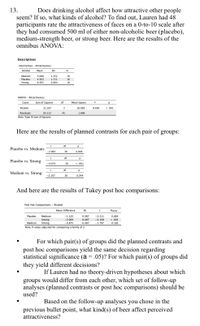 13.
Does drinking alcohol affect how attractive other people
seem? If so, what kinds of alcohol? To find out, Lauren had 48
participants rate the attractiveness of faces on a 0-to-10 scale after
they had consumed 500 ml of either non-alcoholic beer (placebo),
medium-strength beer, or strong beer. Here are the results of the
omnibus ANOVA:
Descriptives
Descriptives - Attractiveness
Alcohol
Mean
SD
N
5.688
4.563
1.352
1.711
Medium
16
Placebo
16
Strong
6.563
0.964
16
ANOVA - Attractiveness
Cases
Sum of Squares
df
Mean Square
F
Alcohol
32.167
2
16.083
8.484
<.001
Residuals
85.312
45
1.896
Note. Type III Sum of Squares
Here are the results of planned contrasts for each pair of groups:
df
Placebo vs. Medium:
-2.063
30
0.048
df
Placebo vs. Strong:
-4.073
30
<.001
df
Medium vs. Strong:
-2.107
30
0.044
And here are the results of Tukey post hoc comparisons:
Post Hoc Comparisons - Alcohol
Mean Difference
SE
Ptukey
Placebo
Medium
-1.125
0.487
-2.311
0.064
Strong
-2.000
0.487
-4.108
< .001
Medium
Strong
-0.875
0.487
-1.797
0.182
Note. P-value adjusted for comparing a family of 3
For which pair(s) of groups did the planned contrasts and
post hoc comparisons yield the same decision regarding
statistical significance (a = .05)? For which pair(s) of groups did
they yield different decisions?
If Lauren had no theory-driven hypotheses about which
would differ from each other, which set of follow-up
analyses (planned contrasts or post hoc comparisons) should be
groups
used?
Based on the follow-up analyses you chose in the
previous bullet point, what kind(s) of beer affect perceived
attractiveness?
