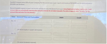 Sandhill Company owns 30% of Lauer Company. For the current year, Lauer reports net income of $250,000 and declares and pays a
$50,000 cash dividend.
Record Sandhill's equity in Lauer's net income and the receipt of dividends from Lauer. (List all debit entries before credit entries. Credit
account titles are automatically indented when amount is entered. Do not indent manually. If no entry is required, select "No entry" for the
account titles and enter O for the amounts)
Date Account Titles and Explanation
Dec. 31
Dec. 31
(To record equity in Lauer's net income)
(To record dividends received)
Debit
Credit
111