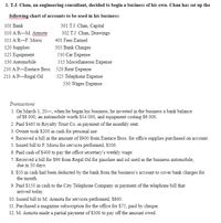 1. T.J. Chan, an engineering consultant, decided to begin a business of his own. Chan has set up the
following chart of accounts to be used in his business:
301 T.J. Chan, Capital
302 T.J. Chan, Drawings
101 Bank
110 A/R-M. Armota
111 A/R-F. Morsi
401 Fees Earned
120 Supplies
505 Bank Charges
125 Equipment
510 Car Expense
130 Automobile
515 Miscellaneous Expense
210 A/P-Eustace Bros. 520 Rent Expense
211 A/P Regal Oil
525 Telephone Expense
530 Wages Expense
Transactions
1. On March 1, 20–, when he began his business, he invested in the business a bank balance
of $8 000, an automobile worth $14 000, and equipment costing $6 000.
2. Paid $465 to Royalty Trust Co. in payment of the monthly rent.
3. Owner took $200 in cash for personal use.
4. Received a bill in the amount of $900 from Eustace Bros. for office supplies purchased on account.
5. Issued bill to F. Morsi for services performed, $500.
6. Paid cash of $400 to pay the office secretary's weekly wage.
7. Received a bill for $90 from Regal Oil for gasoline and oil used in the business automobile,
due in 30 days.
8. $50 in cash had been deducted by the bank from the business's account to cover bank charges for
the month.
9. Paid $150 in cash to the City Telephone Company in payment of the telephone bill that
arrived today.
10. Issued bill to M. Amota for services performed, $800.
11. Purchased a magazine subscription for the office for $75, paid by cheque.
12. M. Armota made a partial payment of $300 to pay off the amount owed.
