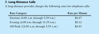 7. Long Distance Calls
A long-distance provider charges the following rates for telephone calls:
Rate Category
Rate per Minute
Daytime (6:00 A.M. through 5:59 P.M.)
$0.07
Evening (6:00 P.M. through 11:59 P.M.)
$0.12
Off-Peak (12:00 A.M. through 5:59 A.M.)
$0.05
