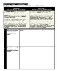 ACTIVITY 3: PRIMARY SOURCE ANALYSIS
Directions: Analyze the video linked below and complete the questions that follow.
DOCUMENT 1
DOCUMENT 2
EUROPEAN KNIGHT'S CODE OF CHIVALRY
BUSHIDO CODE OF THE JAPANESE SAMURAI
The CODE OF CHIrVALRY was a moral, unwritten code of
behavior which went beyond rules of combat and
introduced the concept of Chivalrous behavior – qualities
idealized (regarded as perfect) by the Medieval knights
such as bravery, courtesy, honor, and great gallantry
(politeness) toward women.
The samurai had an unwritten code of behavior that
became known as BUSHIDO or "the way of the warrior."
The samurai code emphasized loyalty and family values. It
placed great value on courage, honor, self-discipline, and
samurais put the needs of others in front of their own.
Capture of surrender were dishonorable. If it came
between life and death, the samurai would choose death,
often requiring suicide in some cases – called Seppuku.
"Young knight. learn to love God and revere (deeply
respect) women so that your honor grows. Practice
knighthood and learn the Art that dignifies (makes you be/"The business of the samurai consists in reflecting on his
feel worthy and honorable) you, and brings you honor in
wars. Wrestle well and wield lance, spear, sword and
dagger strongly, whose use in others' hands is wasted.
Strike bravely and hard there!" -Johannes Liechtenauer
(1300-1389)
own station in life, in discharging loyal service to his
master if he has one, in deepening his fidelity
(faithfulness) in association with friends, and with the due
consideration of his own position in devoting himself to
duty above all." -Yamaga Soko (1622-1685)
According to Document 1,
Answer:
1
which qualities were
idealized by Medieval
knights?
According to Document 2,
which qualities were
idealized by the Japanese
2
Answer:
samurai?
