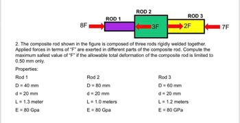 Properties:
Rod 1
8F
D = 40 mm
d = 20 mm
L = 1.3 meter
E = 80 Gpa
ROD 1
ROD 2
Rod 2
D = 80 mm
d = 20 mm
L = 1.0 meters
E = 80 Gpa
3F
2. The composite rod shown in the figure is composed of three rods rigidly welded together.
Applied forces in terms of "F" are exerted in different parts of the composite rod. Compute the
maximum safest value of "F" if the allowable total deformation of the composite rod is limited to
0.50 mm only.
ROD 3
2F
Rod 3
D = 60 mm
d = 20 mm
L = 1.2 meters
E = 80 GPa
7F