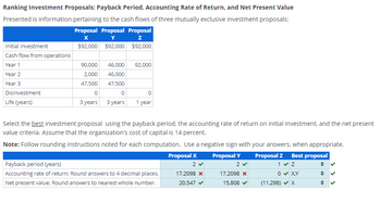 Ranking Investment Proposals: Payback Period, Accounting Rate of Return, and Net Present Value
Presented is information pertaining to the cash flows of three mutually exclusive investment proposals:
Proposal Proposal Proposal
Initial investment
Cash flow from operations
Year 1
x
Y
Z
$92,000 $92,000 $92,000
Year 2
Year 3
Disinvestment
Life (years)
90,000 46,000 92,000
2,000
46,000
47,500
47,500
0
0
0
3 years 3 years
1 year
Select the best investment proposal using the payback period, the accounting rate of return on initial investment, and the net present
value criteria. Assume that the organization's cost of capital is 14 percent.
Note: Follow rounding instructions noted for each computation. Use a negative sign with your answers, when appropriate.
Proposal X
Proposal Y
Proposal Z Best proposal
Payback period (years)
Accounting rate of return; Round answers to 4 decimal places.
Net present value; Round answers to nearest whole number.
2 ▾
17.2098 x
2▾
1 ▾ Z
÷
20,547 ✔
17.2098 x
15,808
0 X,Y
(11,298) X
÷