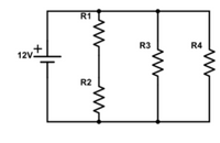 The image depicts a schematic diagram of an electric circuit consisting of a 12-volt battery and four resistors labeled R1, R2, R3, and R4.

### Circuit Description:

- **Battery**: The circuit is powered by a 12V battery positioned on the left side, with the positive terminal connected at the top.
  
- **Resistors**:
  - **R1 and R2**: These resistors are in series with each other, positioned vertically within the circuit.
  - **R3 and R4**: These resistors are each placed in parallel with the series combination of R1 and R2.

### Configuration:
- The circuit begins at the positive terminal of the battery, flows through resistors R1 and R2 in series, and then splits into two parallel paths containing resistors R3 and R4. The paths converge back before reaching the negative terminal of the battery.

This configuration illustrates a combination of series and parallel circuits, allowing the study of different electrical properties such as total resistance, current distribution, and voltage drops across the resistors.