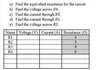 ### Circuit Analysis Problem Set

#### Task List
a) Find the equivalent resistance for the circuit.  
b) Find the voltage across R4.  
c) Find the current through R3.  
d) Find the current through R1.  
e) Find the voltage across R2.  

#### Component Table

| Name | Voltage (V) | Current (A) | Resistance (Ω) |
|------|-------------|-------------|----------------|
| R1   |             |             | 4              |
| R2   |             |             | 5              |
| R3   |             |             | 9              |
| R4   |             |             | 9              |
