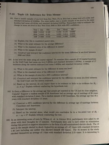 7.13 Topic 13: Inference for Two Means
100. Once a month samples of sea level from Key West, FL in 2016 had a mean level of 0.113m and
standard deviation of 0.0492m. Ten years earlier, once a month samples of sea level in the same
location had mean of 0.014m and standard deviation 0.0373m. Researchers wish to estimate the
change in mean sea level in Key West from 2006 to 2016 with 95% confidence.
Year Jan Feb
2006 0.010 0.120
2016 0.010
0.010 0.101
Diff 0.000 0.019
***
***
Dec Mean SD
0.104 0.133 0.0492
0.082 0.014 0.0373
0.022
0.099
0.0380
125
(a) Explain why this is considered paired data.
(b) What is the point estimate for the average difference?
(c) What is the standard error of the difference in means?
(d) What is the margin of error?
(e) Construct and interpret the confidence interval for the mean difference in sea level between
2006 and 2016.
101. Is sea level the same along all coastal regions? To examine this a sample of 12 coastal locations
in the Gulf Coast had mean sea level 5.3953m and standard deviation 2.2559m. A sample of 17
locations along the eastern seaboard had mean 3.4028m and standard deviation 1.036m.
(a) What is the point estimate for the difference in mean sea level?
(b) What is the standard error of the difference in means?
(c) What is the margin of error for a 99% confidence interval?
(d) Construct and interpret the confidence interval for the difference in mean sea level between
the Gulf Coast and the eastern seaboard.
(e) Based on the interval, do you expect there to be evidence or little to no evidence for Ha
#1 #2? Explain without conducting the hypothesis test.
102. Is there a difference in the average age that people get married in the US and its close neighbor,
Canada? Suppose a random sample of 30 Americans had an average age of marriage of 28 years
with standard deviation 3 years. For a random sample of 30 Canadians, the average age was 30.1
years with standard deviation 3.3 years.
(a) Construct a 95% confidence interval for the difference in average age of marriage between
Canadians and Americans.
(b) Interpret the interval.
(c) Based on the interval alone, what would you conclusion be in a two-sided test of Ho
1 - 2 = 0? Explain without conducting the test.
103. In an interesting series of tests by Wilson et. al. in Science 2014, participants were asked to sit
alone with their thoughts for 15 minutes. Participants were able to have either no stimulation
during this period or negative stimulation in the form of a self administered electric shock. The 18
men in the sample elected to shock themselves an average of 1.47 times with standard deviation
1.46 (not including one outlier who shocked himself 190 times). The 24 women in the study
shocked themselves an average of 1 time with standard deviation 2.32 times. It is interesting to