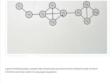 V2
V4
V7
√8
V10
a given the following graph, compute node similarity using Jaccard and cosine similarity for nodes v5 and v4.
b Find the most similar node to v7 using regular equivalence.