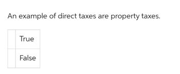 An example of direct taxes are property taxes.
True
False