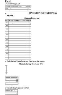 Part 1
a) Calculating OAR
Overhead Absorption Rate (OAR)
= Formula?
OAR
b)
ONE STOP INVITATIONS &
MORE
General Journal
DATE ACCOUNTS & EXPLANATIONS DR CR
(i) ?
?
(ii)
(iii)
(iv)
(v)
(vi)
(vii)
(viii)
(іx)
c) Calculating Manufacturing Overhead Variances
Manufacturing Overhead A/C
Adjusting Journal Entry
d) Calculating Adjusted COGS
Adjusted COGS =
