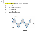 4.
a. For the waveform shown in figure5, determine
(i)
Peak value
(ii)
(iii)
(iv)
the peak-to-peak voltage
the time period
the frequency
(v)
The angular frequency.
v (Volts)
6V
0 5
15 25
35 1(ms)
-6V
