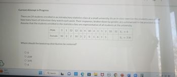 B
56°F
Sunny
Current Attempt in Progress
There are 24 students enrolled in an introductory statistics class at a small university. As an in-class exercise the students were asked
how many hours of television they watch each week. Their responses, broken down by gender, are summarized in the provided table
Assume that the students enrolled in the statistics class are representative of all students at the university.
Male
3 1 12 12
0
4
10 4 5 52 10
10 x₁ = 6
Female
10 3
2
10 3 2 0
1
6
1 5
X2
= 3.91
Where should the bootstrap distribution be centered?
00
O 2.09
O 3.91
06
Q Search
DOLL
0
^
33