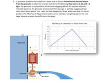 ### Problem Statement

A generator produces electricity from a water tank as shown. Determine the electrical output from the generator as a function of water level (h) for the following flow rates: 2.5, 3.0, and 3.5 kg/s. The generator is equipped with a brake that engages gradually if it operates above its intended speed (i.e., the generator protects itself from damage by partially engaging a brake when mass flow is greater than 3 kg/s and fully engaging the brake when mass flow is 5 kg/s or greater). The efficiency of the generator system can be estimated using the graph on the next page. Assume no losses due to friction in the pipes.

### Diagram Explanation

The diagram shows a setup with a water tank and a generator. Water flows from the tank to the generator, creating electrical output.

- **Water Tank:** The tank provides water that flows through the generator.
- **Generator:** Converts the kinetic energy of water into electrical energy. It is depicted in the system setup.
- **Flow Path:** Water enters the generator through a pipe with a cross-sectional area of 25 cm².

### Graph Explanation

**Efficiency of Generator vs Mass Flow Rate**

- **X-axis:** Mass Flow Rate (kg/s) ranging from 0 to 6 kg/s.
- **Y-axis:** Efficiency ranging from 0 to 0.8.

The graph shows the efficiency of the generator relative to different mass flow rates:

- Efficiency increases linearly, peaking at around 0.75 at a flow rate of 3 kg/s.
- Beyond 3 kg/s, efficiency decreases, reaching 0 when the mass flow rate is at 5 kg/s.

### Application

Use the given information and diagram to calculate the electrical output based on the water level (h) for specified flow rates using the efficiency graph.