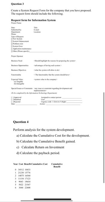 Question 3
Create a System Request Form for the company that you have proposed.
The request form should include the following.
Request form for Information System
Project Name
Date:
Submitted by:
Department:
Phone:
Type of Request:
New System
System Enhancement
Problem exist
System Error
Application maintenance
Other (Please specify)
Project Sponsor
Business Need
Business Opportunities
Business Objectives
Functionality
Expected Value:
(a) Tangible
(b) Intangible
[] Approved
[] Modified
[ ] Rejected
Date:
Special Issues or Constraints <any issue or constraint regarding development and
implementation>
(To be completed by the Information Technology Department)
0 34512 10433
1 21230 15776
2 14875 16544
Title:
E-mail:
Location:
Question 4
Perform analysis for the system development.
a) Calculate the Cumulative Cost for the development.
b) Calculate the Cumulative Benefit gained.
c) Calculate Return on Investment
d) Calculate the payback period.
3 11154 17123
4 9043 19654
<Should highlight the reasons for proposing the system>
<advantages of having such system>
<what the system will allow to do>
<The functionality that the system should have>
<system value to the company>
Year Cost Benefit Cumulative Cost
5
6
5022 21567
3044 22408
Assigned to contact person:
User:
Urgency code-1 (low) to 5 (high),
Action:
Cumulative
Benefit