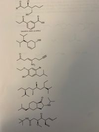 The image contains a series of chemical structures. Here’s a description of each:

1. **1st Structure**: A molecule with a chloro group (Cl) and a ketone (C=O) adjacent to the chloro group. There's an alcohol group (OH) nearby.

2. **2nd Structure**: A phenolic compound with a benzene ring featuring an alcohol group (OH) and two ketone groups (C=O) on either side of the ring. A note specifies the position of the groups: "use para-, meta-, or ortho-."

3. **3rd Structure**: A bicyclic compound with a hydroxyl group (OH) attached to one of the rings.

4. **4th Structure**: Contains an aromatic ring with a nitro group (NO2) and a ketone (C=O). The structure also includes a bromine atom (Br).

5. **5th Structure**: A fluorine (F) atom is attached along with complex branching, indicating substituents on a cyclohexane ring.

6. **6th Structure**: Features a bicyclic compound with a nitrogen-containing group. The structure includes a methyl ketone and an amide group (NH).

7. **7th Structure**: A compound with several carbon and oxygen-containing functional groups, featuring an amide group (NH2) and multiple branched alkyl groups.

These structures represent various organic molecules, illustrating different functional groups and steric configurations useful for educational purposes in chemistry.