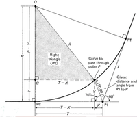 PT
R
Right
triangle
ОРО
Curve to
pass through
point P
Given:
distance and
angle from
PI to P
T-X
70
60°
PC
X | PI
-T-X
Je150.00 fi
