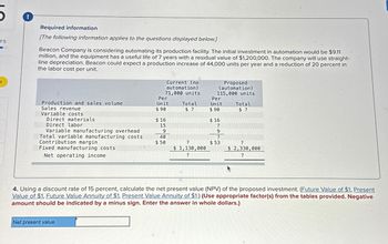 f5
Required information
[The following information applies to the questions displayed below.]
Beacon Company is considering automating its production facility. The initial investment in automation would be $9.11
million, and the equipment has a useful life of 7 years with a residual value of $1,200,000. The company will use straight-
line depreciation. Beacon could expect a production increase of 44,000 units per year and a reduction of 20 percent in
the labor cost per unit.
Current (no
automation)
71,000 units
Proposed
(automation)
115,000 units
Per
Per
Production and sales volume
Unit
Total
Unit
Total
Sales revenue
$ 90
$ ?
$ 90
$ ?
Variable costs
Direct materials
$ 16
$ 16
Direct labor
15
?
Variable manufacturing overhead
9
Contribution margin
Total variable manufacturing costs
Fixed manufacturing costs
40
གནྡྷ
$ 50
?
$53
?
Net operating income
$ 1,130,000
?
$ 2,330,000
?
4. Using a discount rate of 15 percent, calculate the net present value (NPV) of the proposed investment. (Future Value of $1, Present
Value of $1, Future Value Annuity of $1, Present Value Annuity of $1.) (Use appropriate factor(s) from the tables provided. Negative
amount should be indicated by a minus sign. Enter the answer in whole dollars.)
Net present value