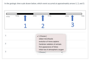 In the geologic time scale drawn below, which event occurred at approximately arrows 1, 2, and 3.

**Diagram Description:**

The diagram is a horizontal bar representing the geologic time scale from 4.6 billion years ago (Ga) to today. It is divided into segments marked as 4.0 Ga, 3.0 Ga, 2.0 Ga, and 1.0 Ga. Three arrows, labeled 1, 2, and 3, point to specific positions along this timeline:

- **Arrow 1** is near 4.0 Ga.
- **Arrow 2** is near 2.0 Ga.
- **Arrow 3** is near 1.0 Ga.

Below the diagram, there are three labeled fields for selecting events corresponding to each arrow:

1. Arrow 1: [Choose]
2. Arrow 2: [Choose]
3. Arrow 3: [Choose]

**Dropdown Menu Options:**

- Oldest microfossils
- Evolution of Homo sapiens
- Cambrian radiation of animals
- First appearance of fishes
- Initial rise of atmospheric oxygen

These options are meant to be matched with the labeled arrows on the geologic time scale, representing significant events in Earth's history.