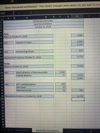 Open recovered workbooks? Your recent changes were saved. Do you want to con
v fx
H27
E
F
H.
A
C
Wilderness Associates
1
Bank Reconsiliation
October 31, 2018
3
5
Bank:
2,445
6 Balance, October 31, 2018
7
3,300
8.
Add:
Deposit in Transit
5,745
9.
10
975
11 Less:
Outstanding Checks
12
13 Adjusted bank balance, October 31, 2018
4,770
14
15 Books:
16 Balance, October 31, 2018
3,546
17
18 Add:
Bank Collection of Note Receivable
1,500
19
Interest Revenue
15
1,515
20
5,061
21
22 Less:
EFT-Utilities Expense
250
NSF Check
Bank Service Fee
23
29
24
12
291
25
26 Adjusted book balance, October 31, 2018
4,770
27
28
29
30
31
32
33
34
35
36
Instructions
Bank Reconciliation
Journal Entries
