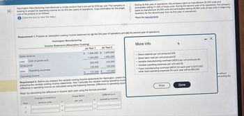 K
Hamington Manufacturing manufactures a single product that it will sell for $76 per unit. The company is
looking to project its operating income for its first two years of operations. Cost information for the single
unit of its product is as follows:
(Click the icon to view the data.)
During its first year of operations, the company plans to manufacture 25,000 units and
anticipates selling 21,000 of those units. During the second year of its operations, the company
plans to manufacture 25,000 units and anticipates selling 26,000 units (it has units in beginning
inventory for the second year from its first year of operations).
Read the requirements.
Requirement 1. Prepare an absorption costing income statement for (a) the first year of operations and (b) the second year of operations.
Sales revenue
Hamington Manufacturing
Income Statement (Absorption Costing)
(a) Year 1
(b) Year 2
$ 1,596,000 $ 1,976,000
1,344,000
1,664,000
252,000
312,000
125,000
135,000
127,000 $
177,000
Less: Cost of goods sold
Gross profit
Less: Operating expenses
Operating income
Requirement 2. Before you prepare the variable costing income statements for Hamington, predict the
preparing the variable costing income statements. Hint: Calculate the variable costing operating incom
difference in operating income as calculated using the following formula: Difference in operating incom
Begin by calculating the difference in income each year using the formula provided.
Year
Change in inventory
level in units
Fixed MOH
per unit
Difference in
operating income
More info
.
Direct material per unit produced $38
Direct labor cost per unit produced $7
Variable manufacturing overhead (MOH) per unit produced $4
Variable operating expenses per unit sold $2
Fixed manufacturing overhead (MOH) for each year is $375,000,
while fixed operating expenses for each year will be $83,000.
Print
Done
- X
ar without
ubtracting the
1
2
x
=