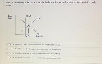 Which of the following is the best approach for the Federal Reserve to eliminate the gap shown in the graph
below?
Price
Level
LRAS
SRAS
AD
Real GDP
The Fed should buy bonds in the open market and raise the discount rate.
The Fed should buy bonds in the open market and lower the discount rate.
The Fed should sell bonds in the open market and raise the discount rate.
The Fed should sell bonds in the open market and lower the discount rate.