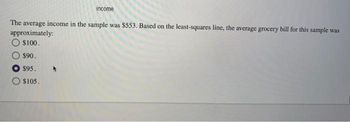 income
The average income in the sample was $553. Based on the least-squares line, the average grocery bill for this sample was
approximately:
O $100.
$90.
$95.
$105.