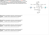 Problem 10: The diagram shows one positive charge, Q+
negative charge,Q-
P4. The relative positions are indicated. In all steps, assume that the potential
function of the point charge has been defined so that the potential goes to zero at
very large distances.
= +4.23 µC, one
= -12.27 µC, and four observation points, P1, P2 ,P3, and
PA
3 сm
E4 cm-
4 cm
-2 cm-
Q+
P1
P2
2 cm-3 cm
Pa
Part (a) What is the potential, in kilovolts, at observation point P1?
Numeric : A numeric value is expected and not an expression.
V =
Part (b) What is the potential, in kilovolts, at observation point P2?
Numeric : A numeric value is expected and not an expression.
%3D
Part (c) What is the potential, in kilovolts, at observation point P3?
Numeric : A numeric value is expected and not an expression.
V =
Part (d) What is the potential, in kilovolts, at observation point P4?
Numeric : A numeric value is expected and not an expression.
%3D
