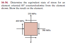 14-54. Determine the equivalent state of stress for an
element oriented 60 counterclockwise from the element
shown. Show the result on the element.
250 MPa
400 MPa
S60 MPa
