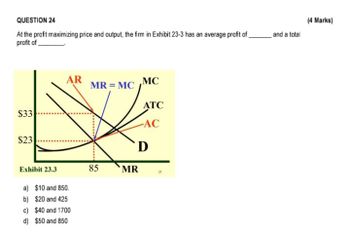 QUESTION 24
At the profit maximizing price and output, the firm in Exhibit 23-3 has an average profit of
profit of
and a total
(4 Marks)
$33
$23
Exhibit 23.3
a) $10 and 850.
b) $20 and 425
AR
MC
MR = MC
ATC
AC
D
85
MR
c) $40 and 1700
d) $50 and 850