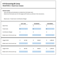 **K-9 Grooming & Camp: Milestone 2 - Break-Even Analysis**

**Instructions:**
- Show all steps and calculations to determine the break-even.
- Determine the break-even for the target profit levels as outlined in the instructions.

**Formula:**
- Break-even = Fixed Costs / Contribution Margin

**Table:**

|                     | DAY CARE | BOARDING | GROOMING |
|---------------------|----------|----------|----------|
| **Sales Price**     | $ -      | $ -      | $ -      |
| **Fixed Costs**     | $ -      | $ -      | $ -      |
| **Contribution Margin** | $ -  | $ -      | $ -      |
| **Break-even Units (round up)** | - | -  | -        |

**Target Profit for Each Service:**

1. **Target Profit $417.00**  
   - Break-even Units (round up): 
      - Day Care: -  
      - Boarding: -  
      - Grooming: -  

2. **Target Profit $583.00**  
   - Break-even Units (round up):
      - Day Care: -  
      - Boarding: -  
      - Grooming: -  

3. **Target Profit $667.00**  
   - Break-even Units (round up):
      - Day Care: -  
      - Boarding: -  
      - Grooming: -  

4. **Target Profit $909.00**  
   - Break-even Units (round up):
      - Day Care: -  
      - Boarding: -  
      - Grooming: -  

5. **Target Profit $1,000.00**  
   - Break-even Units (round up):
      - Day Care: -  
      - Boarding: -  
      - Grooming: -  

6. **Target Profit $1,500.00**  
   - Break-even Units (round up):
      - Day Care: -  
      - Boarding: -  
      - Grooming: -  

**Notes:**
- To determine the break-even point, input the values for fixed costs and contribution margin for each service.
- The target profit levels provided should be used to calculate the corresponding break-even units.